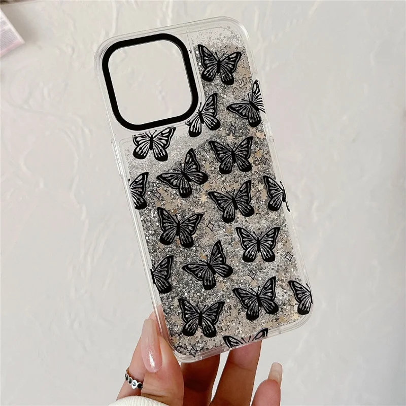 For iPhone 15 Pro Max Case Pattern Print Glitter Sequins Quicksand PC+TPU Phone Cover - Butterfly