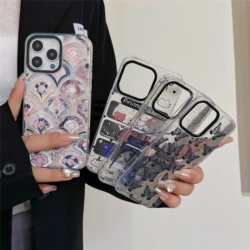 For iPhone 15 Pro Max Case Pattern Print Glitter Sequins Quicksand PC+TPU Phone Cover - Butterfly