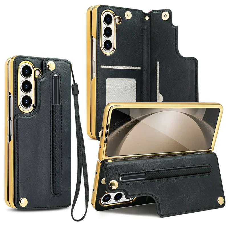 For Samsung Galaxy Z Fold6 5G Case RFID Blocking Card Slot PU+PC Kickstand Phone Cover with Stylus Holder - Black