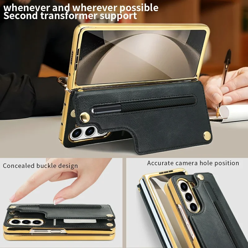 For Samsung Galaxy Z Fold6 5G Case RFID Blocking Card Slot PU+PC Kickstand Phone Cover with Stylus Holder - Black