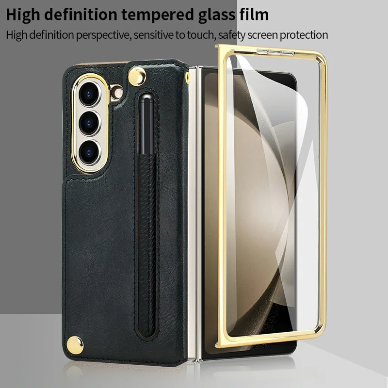 For Samsung Galaxy Z Fold6 5G Case RFID Blocking Card Slot PU+PC Kickstand Phone Cover with Stylus Holder - Black