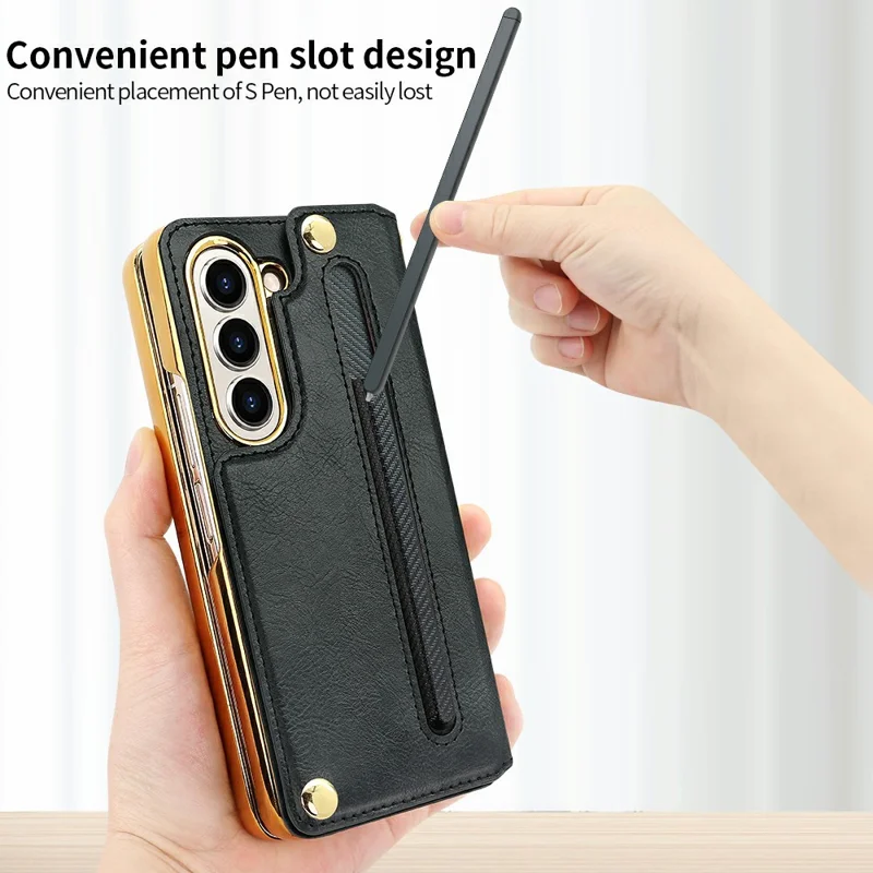 For Samsung Galaxy Z Fold6 5G Case RFID Blocking Card Slot PU+PC Kickstand Phone Cover with Stylus Holder - Black