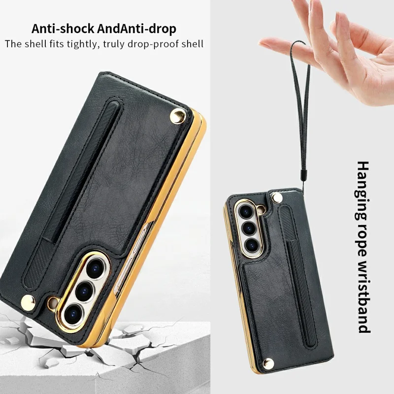 For Samsung Galaxy Z Fold6 5G Case RFID Blocking Card Slot PU+PC Kickstand Phone Cover with Stylus Holder - Black