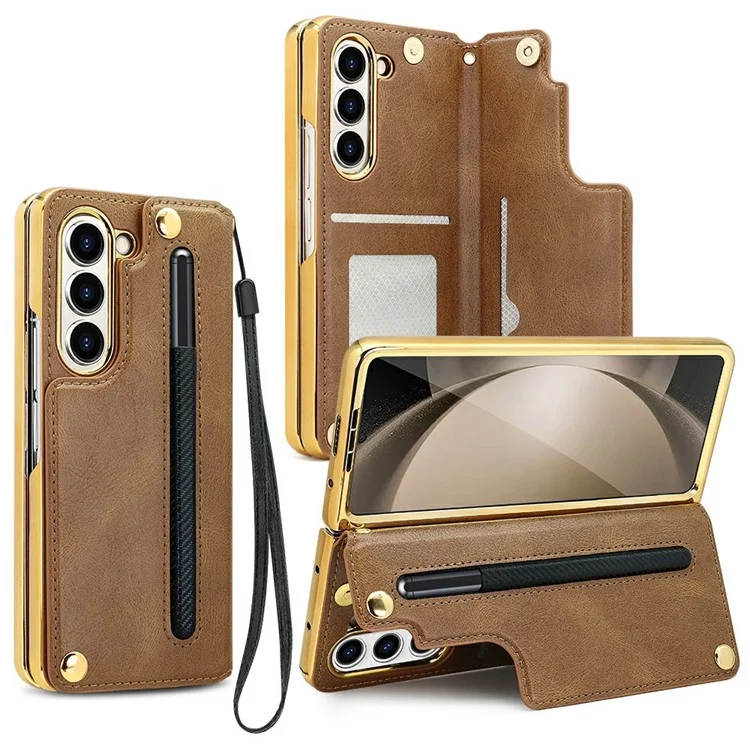 Для Samsung Galaxy Z Fold6 5G Case Case RFID Blocking Card Slot PU+PC pc Kickstend Phone Cope со Стилусом Держателя Stylus - Коричневый