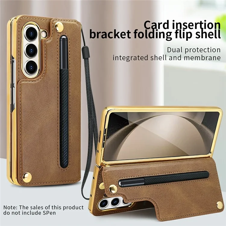 Для Samsung Galaxy Z Fold6 5G Case Case RFID Blocking Card Slot PU+PC pc Kickstend Phone Cope со Стилусом Держателя Stylus - Коричневый