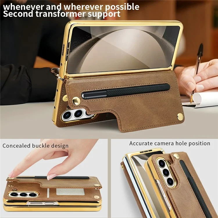 Для Samsung Galaxy Z Fold6 5G Case Case RFID Blocking Card Slot PU+PC pc Kickstend Phone Cope со Стилусом Держателя Stylus - Коричневый