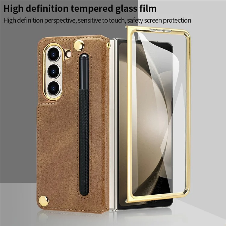Для Samsung Galaxy Z Fold6 5G Case Case RFID Blocking Card Slot PU+PC pc Kickstend Phone Cope со Стилусом Держателя Stylus - Коричневый