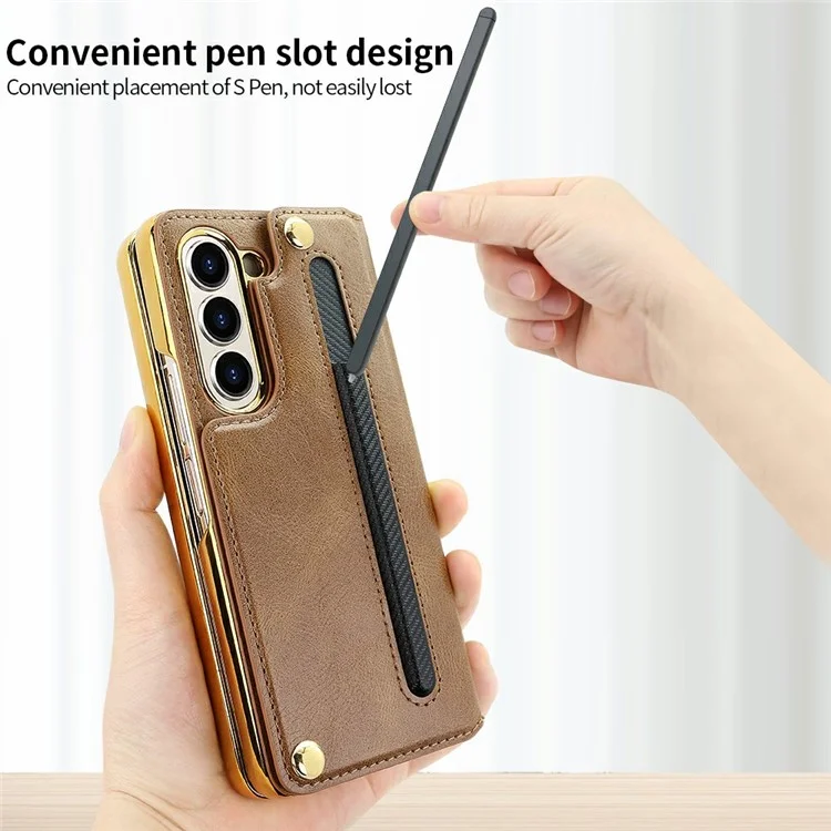 Для Samsung Galaxy Z Fold6 5G Case Case RFID Blocking Card Slot PU+PC pc Kickstend Phone Cope со Стилусом Держателя Stylus - Коричневый