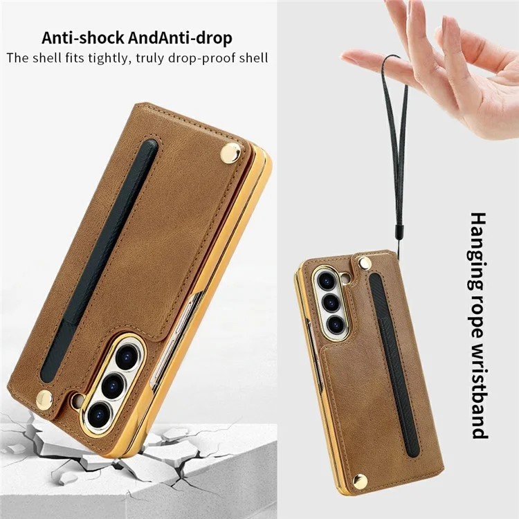 Для Samsung Galaxy Z Fold6 5G Case Case RFID Blocking Card Slot PU+PC pc Kickstend Phone Cope со Стилусом Держателя Stylus - Коричневый