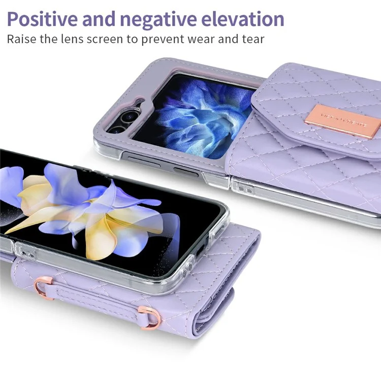 Per Samsung Galaxy Z Flip5 5G Case Con Spalla Copertura Per Telefono Porta Del Portafoglio pc Copertura Per lo Schermo Posteriore Incorporato - Viola