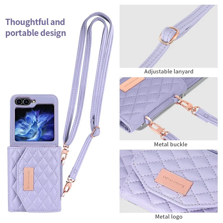 Per Samsung Galaxy Z Flip5 5G Case Con Spalla Copertura Per Telefono Porta Del Portafoglio pc Copertura Per lo Schermo Posteriore Incorporato - Viola