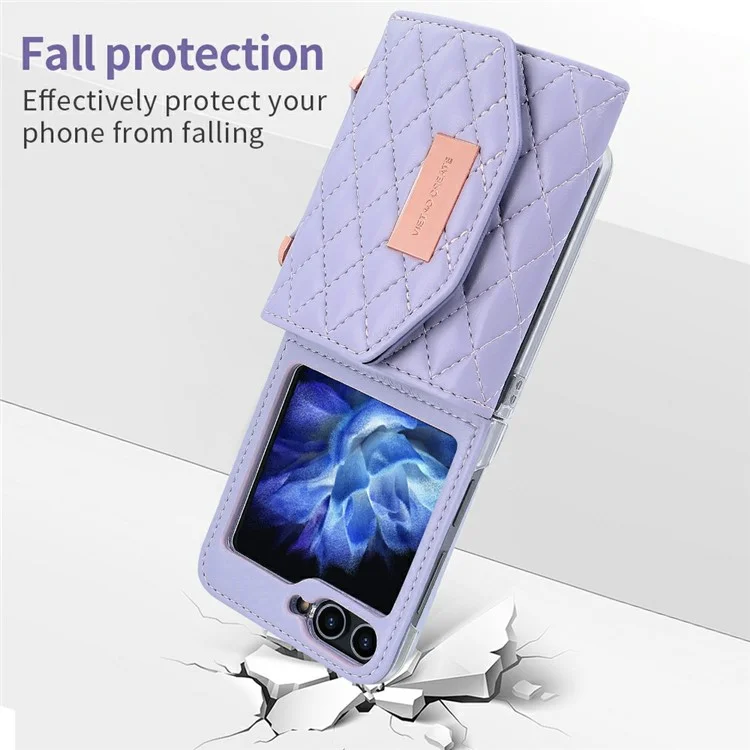 Per Samsung Galaxy Z Flip5 5G Case Con Spalla Copertura Per Telefono Porta Del Portafoglio pc Copertura Per lo Schermo Posteriore Incorporato - Viola