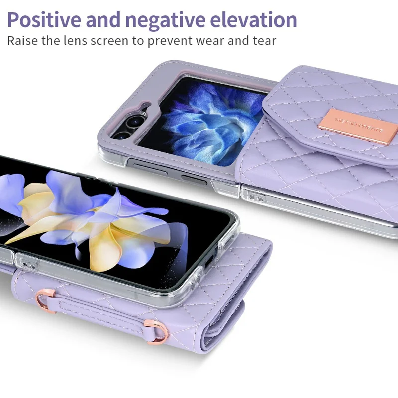 For Samsung Galaxy Z Flip7 FE 5G / Z Flip6 5G Case with Shoulder Strap PU+PC Wallet Phone Cover Built-In Back Screen Film - Purple