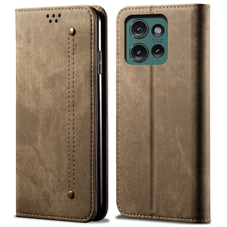 Para Motorola Edge 50 Neo 5G / Moto S50 5G / Thinkphone 25 5G Capa Jeans Cloth Texture Anti-Scratch Leather Stand Phone Cover - Khaki