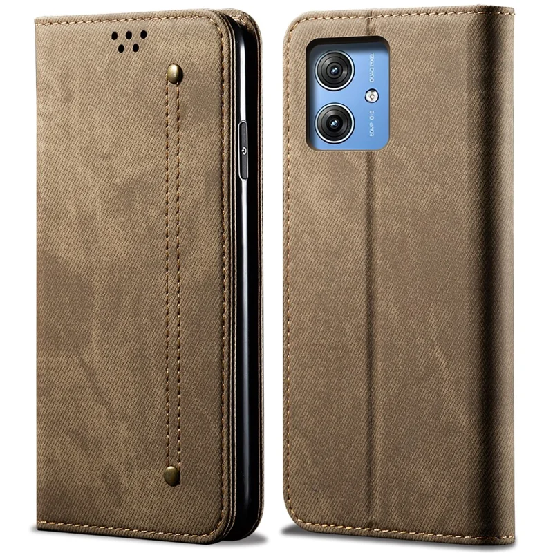 Für Motorola Moto G55 5G Hülle Jeans-Textilstruktur Kratzfest Leder Ständer Telefonhülle - Khaki