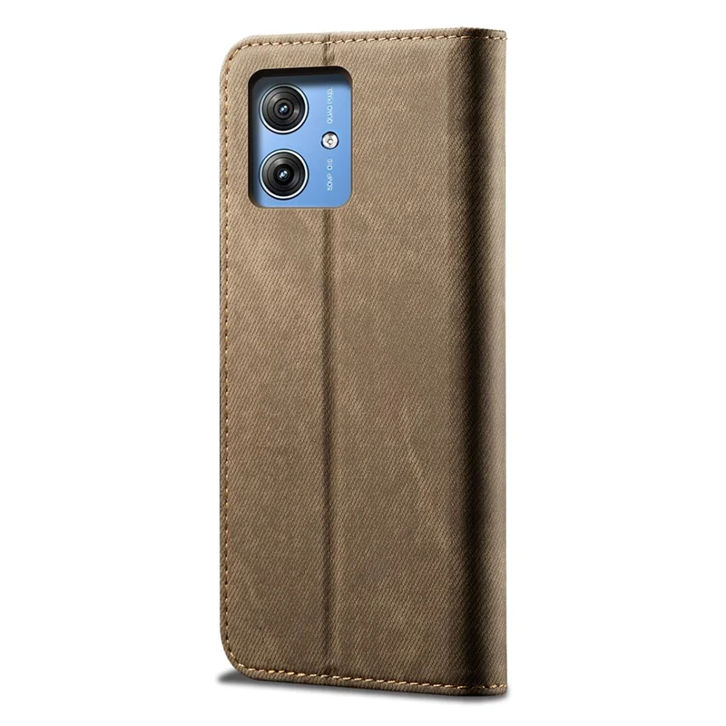 Für Motorola Moto G55 5G Hülle Jeans-Textilstruktur Kratzfest Leder Ständer Telefonhülle - Khaki