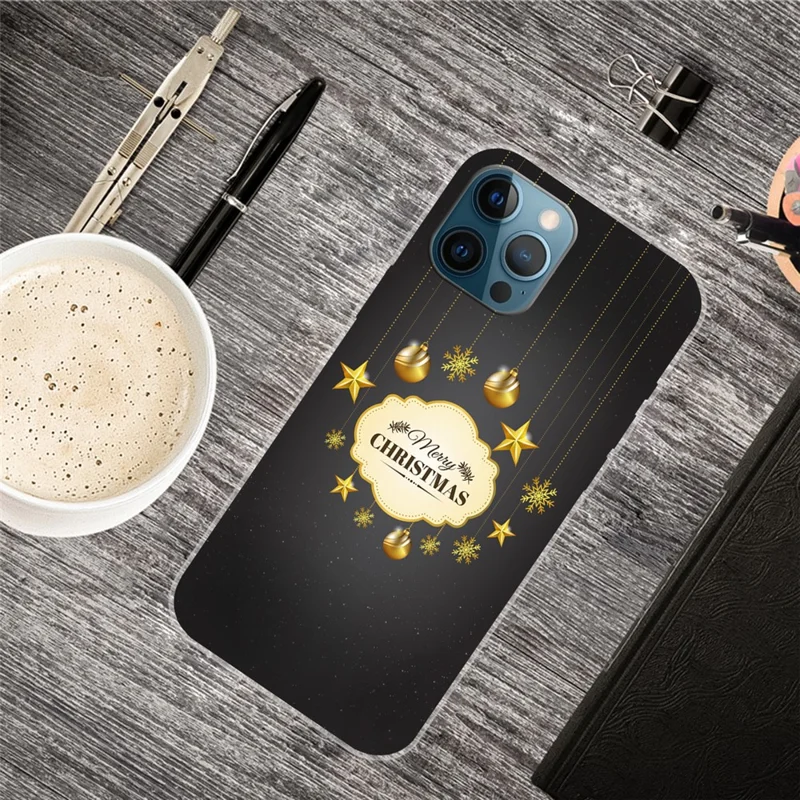 For iPhone 16 Pro Case Christmas Pattern Printing Soft TPU Phone Cover - Gold Decoration