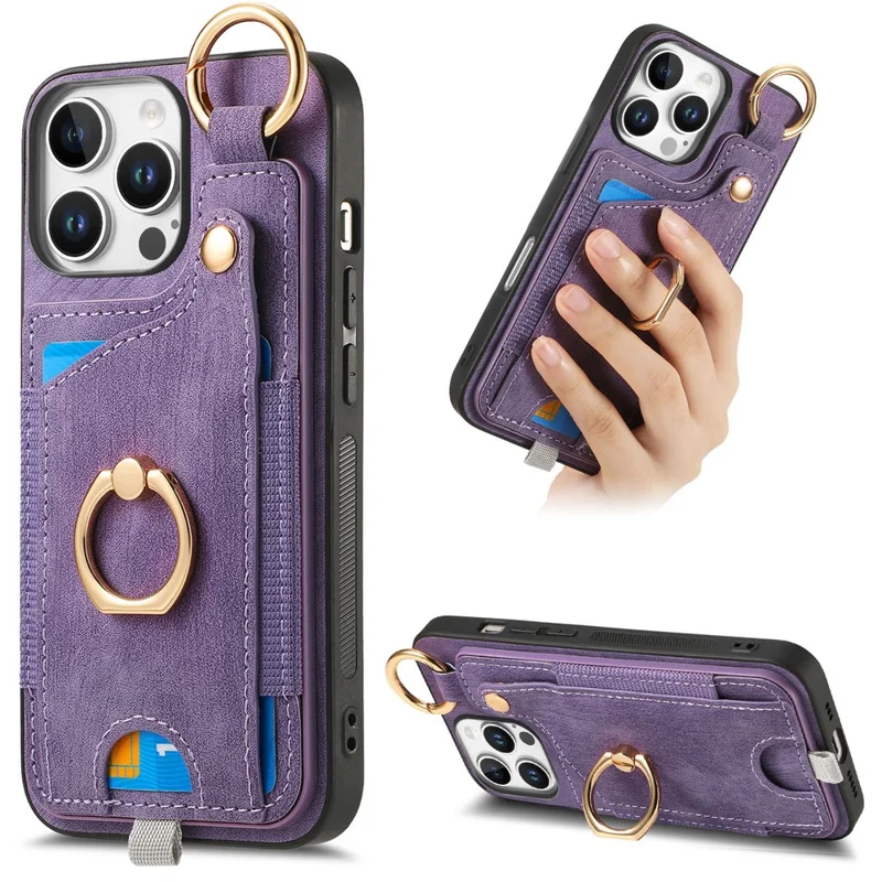 Pour Iphone 16 Pro Max Case Card Slots Cuir + Tpu Téléphone Couvercle Avec Boucle D'anneau - Violet
