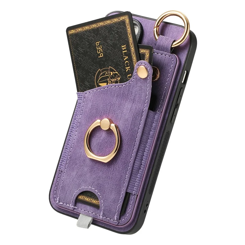 Pour Iphone 16 Pro Max Case Card Slots Cuir + Tpu Téléphone Couvercle Avec Boucle D'anneau - Violet