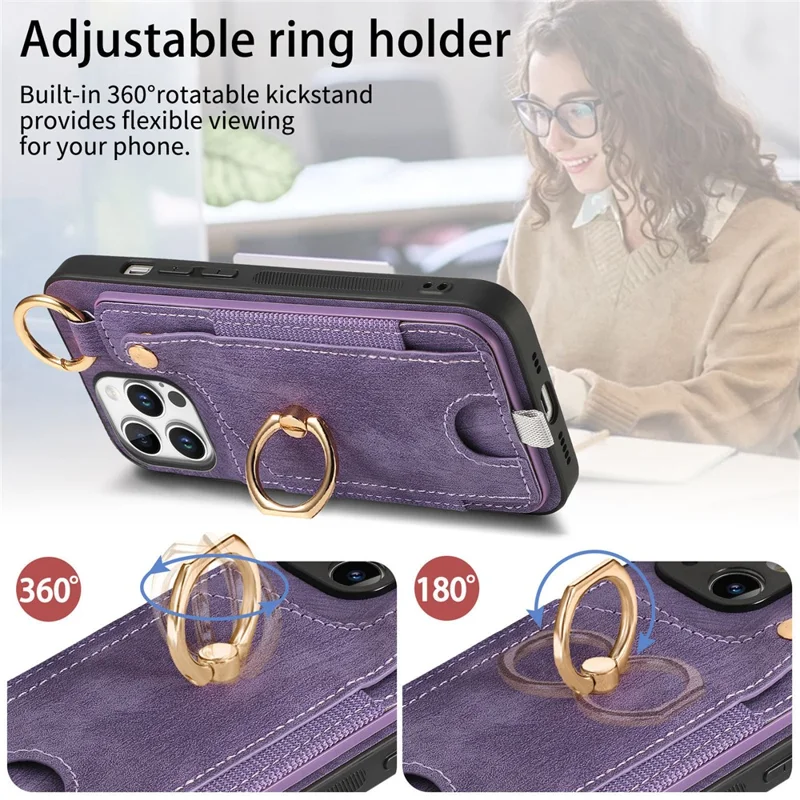 Pour Iphone 16 Pro Max Case Card Slots Cuir + Tpu Téléphone Couvercle Avec Boucle D'anneau - Violet