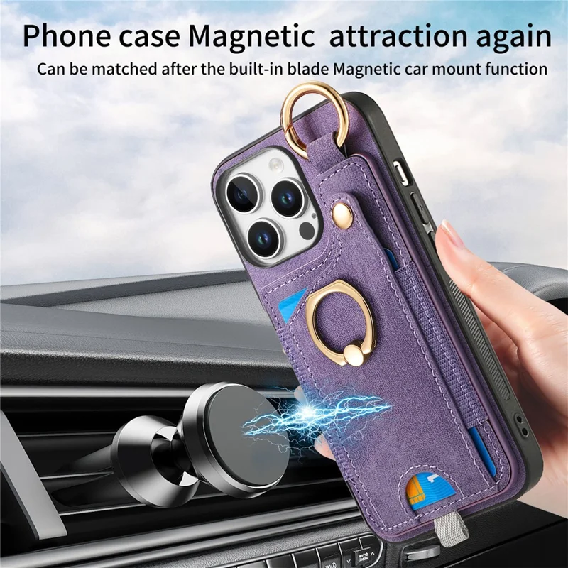 Pour Iphone 16 Pro Max Case Card Slots Cuir + Tpu Téléphone Couvercle Avec Boucle D'anneau - Violet