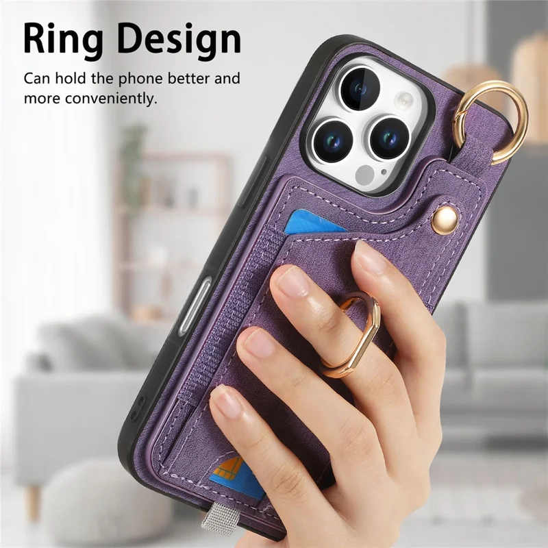 Pour Iphone 16 Pro Max Case Card Slots Cuir + Tpu Téléphone Couvercle Avec Boucle D'anneau - Violet