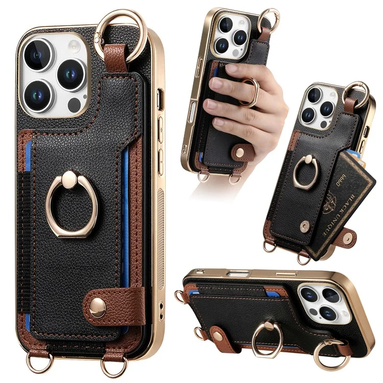 Pour Iphone 16 Pro Max Case Leather + Tpu Téléphone Téléphone Avec Des Emplacements de Carte Kickstand et Lanyard - Noir