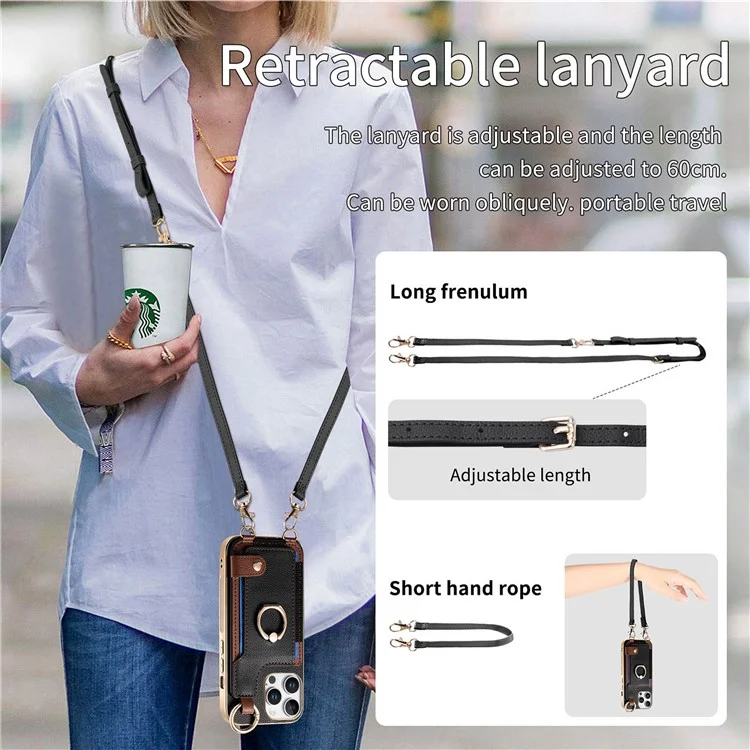 Pour Iphone 16 Pro Max Case Leather + Tpu Téléphone Téléphone Avec Des Emplacements de Carte Kickstand et Lanyard - Noir