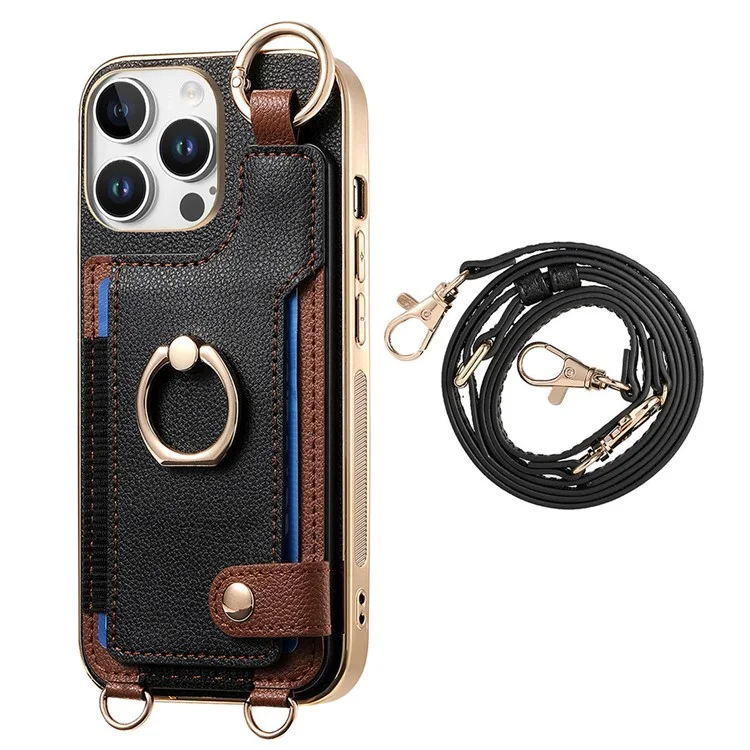 Pour Iphone 16 Pro Max Case Leather + Tpu Téléphone Téléphone Avec Des Emplacements de Carte Kickstand et Lanyard - Noir