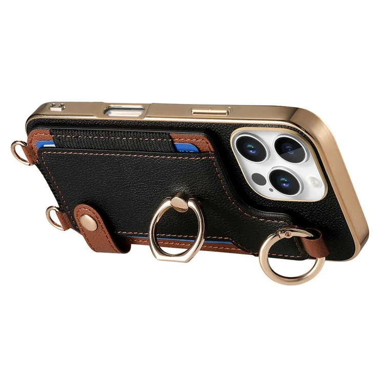 Pour Iphone 16 Pro Max Case Leather + Tpu Téléphone Téléphone Avec Des Emplacements de Carte Kickstand et Lanyard - Noir