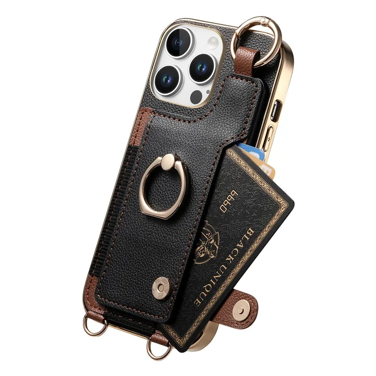 Pour Iphone 16 Pro Max Case Leather + Tpu Téléphone Téléphone Avec Des Emplacements de Carte Kickstand et Lanyard - Noir