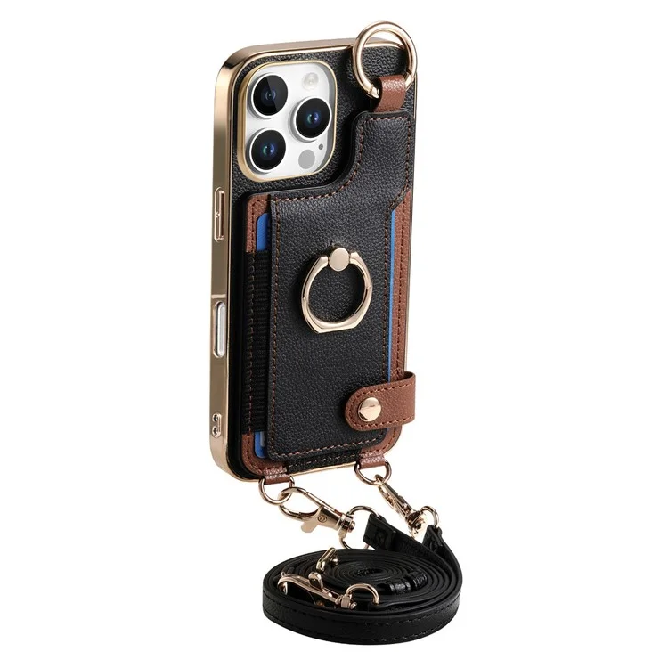Pour Iphone 16 Pro Max Case Leather + Tpu Téléphone Téléphone Avec Des Emplacements de Carte Kickstand et Lanyard - Noir