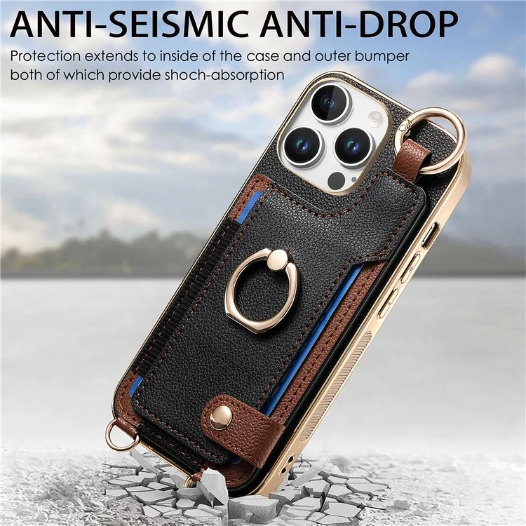 Pour Iphone 16 Pro Max Case Leather + Tpu Téléphone Téléphone Avec Des Emplacements de Carte Kickstand et Lanyard - Noir