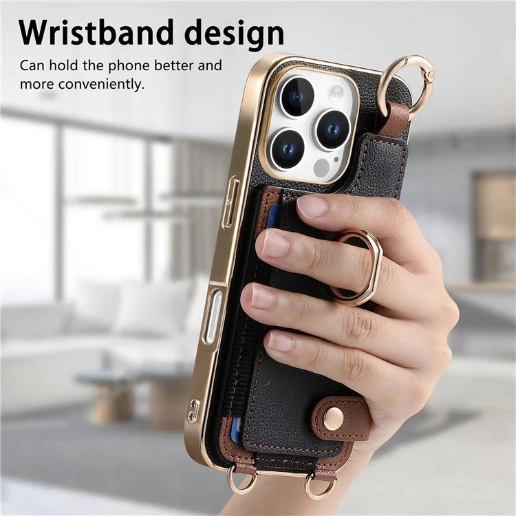 Pour Iphone 16 Pro Max Case Leather + Tpu Téléphone Téléphone Avec Des Emplacements de Carte Kickstand et Lanyard - Noir
