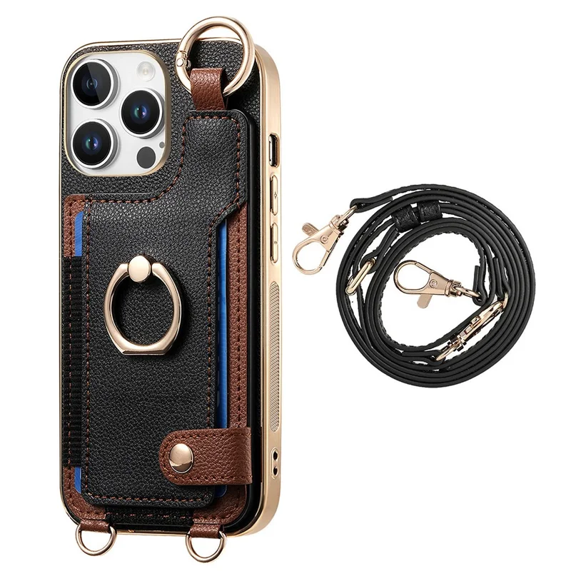 Pour Iphone 16 Pro Case Leather + Tpu Téléphone Avec Des Emplacements de Carte Kickstand et Lanyard - Noir