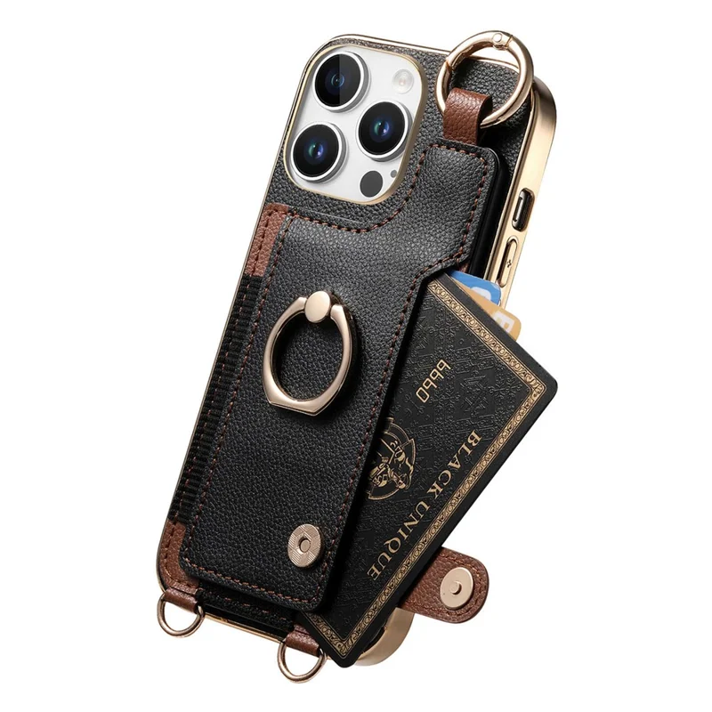Pour Iphone 16 Pro Case Leather + Tpu Téléphone Avec Des Emplacements de Carte Kickstand et Lanyard - Noir