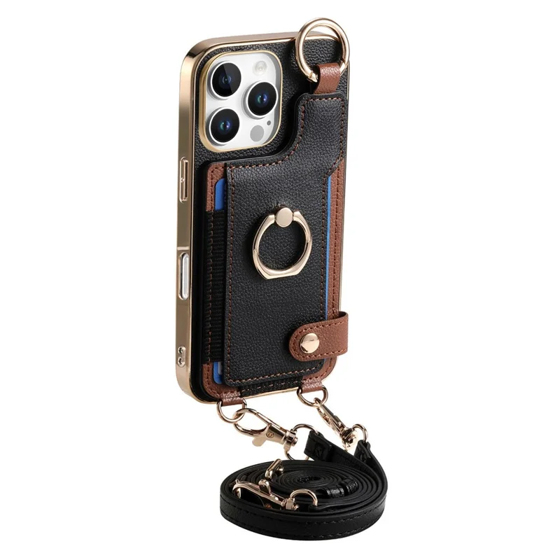 Pour Iphone 16 Pro Case Leather + Tpu Téléphone Avec Des Emplacements de Carte Kickstand et Lanyard - Noir