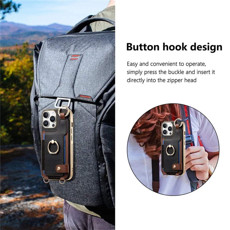 Pour Iphone 16 Pro Case Leather + Tpu Téléphone Avec Des Emplacements de Carte Kickstand et Lanyard - Noir
