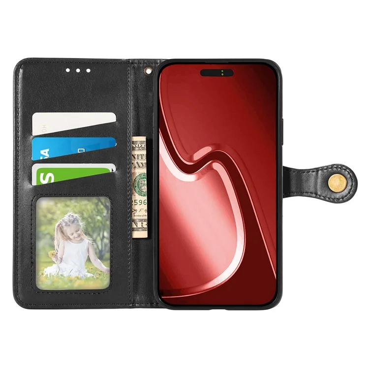 For iPhone 16 Pro Max Case Leather Phone Case Wallet Stand Cover with Wrist Strap - Black