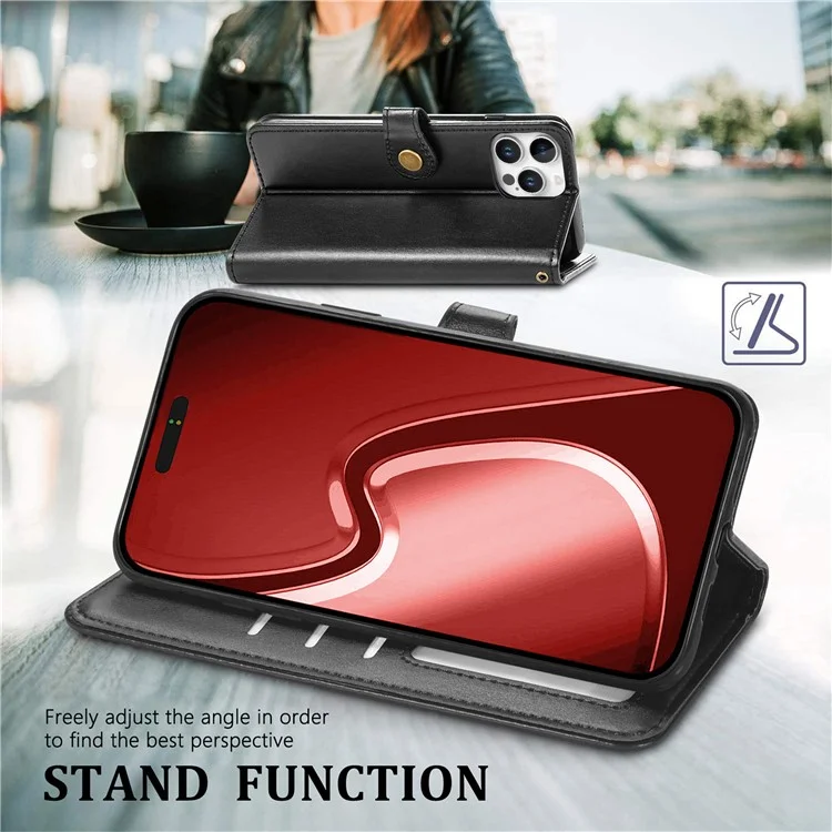 For iPhone 16 Pro Max Case Leather Phone Case Wallet Stand Cover with Wrist Strap - Black