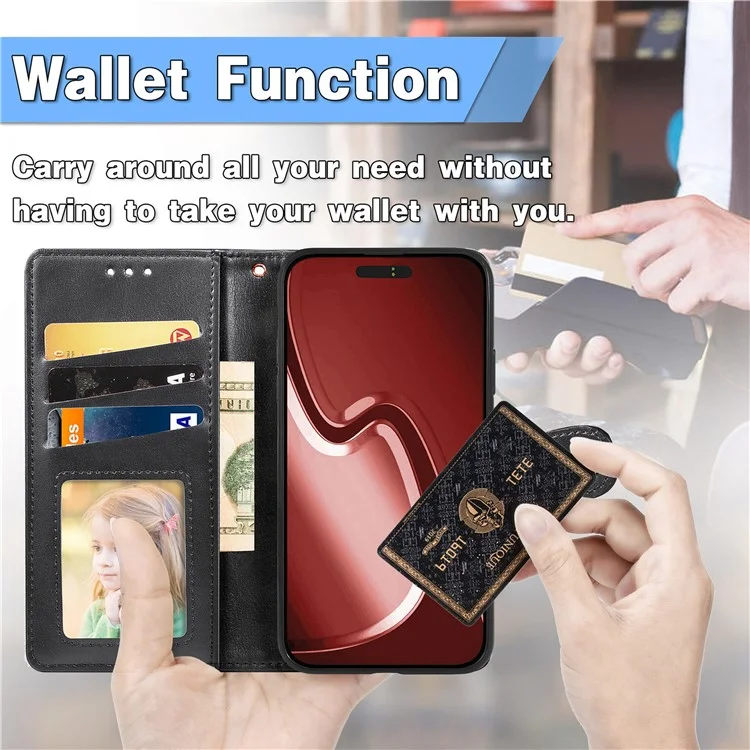 For iPhone 16 Pro Max Case Leather Phone Case Wallet Stand Cover with Wrist Strap - Black