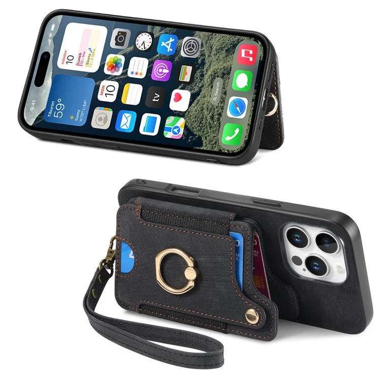 Pour Iphone 16 Pro Case RFID Blocking Handsbag Leather + Tpu Tpup Téléphone Carte de Couverture, Porte-bagages - Noir