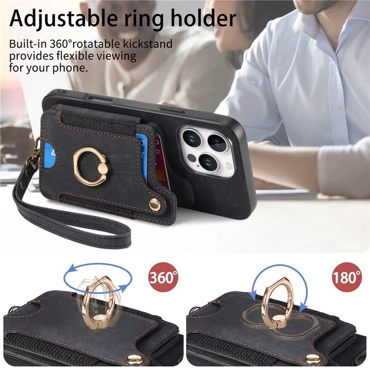 Pour Iphone 16 Pro Case RFID Blocking Handsbag Leather + Tpu Tpup Téléphone Carte de Couverture, Porte-bagages - Noir