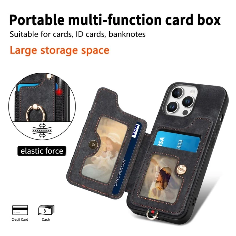 Pour Iphone 16 Pro Case RFID Blocking Handsbag Leather + Tpu Tpup Téléphone Carte de Couverture, Porte-bagages - Noir