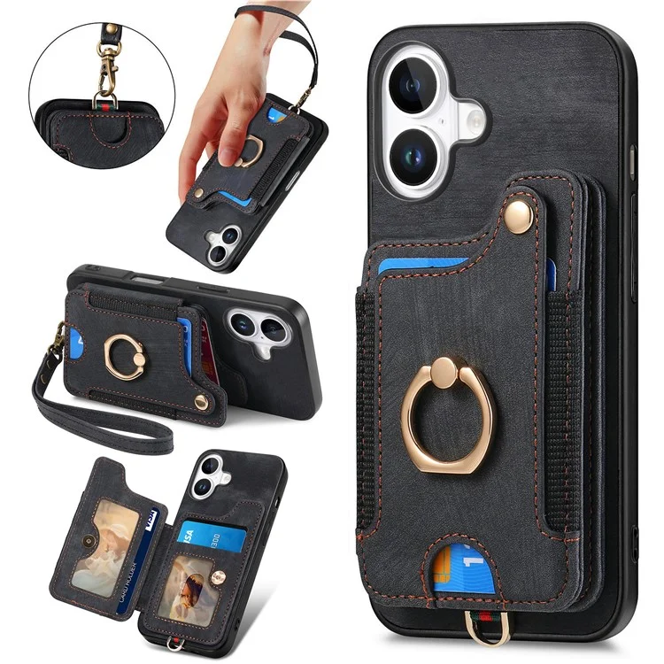 Para Iphone 16 Plus Case RFID Bloque de Cuero de Bolso de Bolso+ranuras de la Tarjeta de Tapa Del Teléfono Tpu, Soporte de Anillo - Negro
