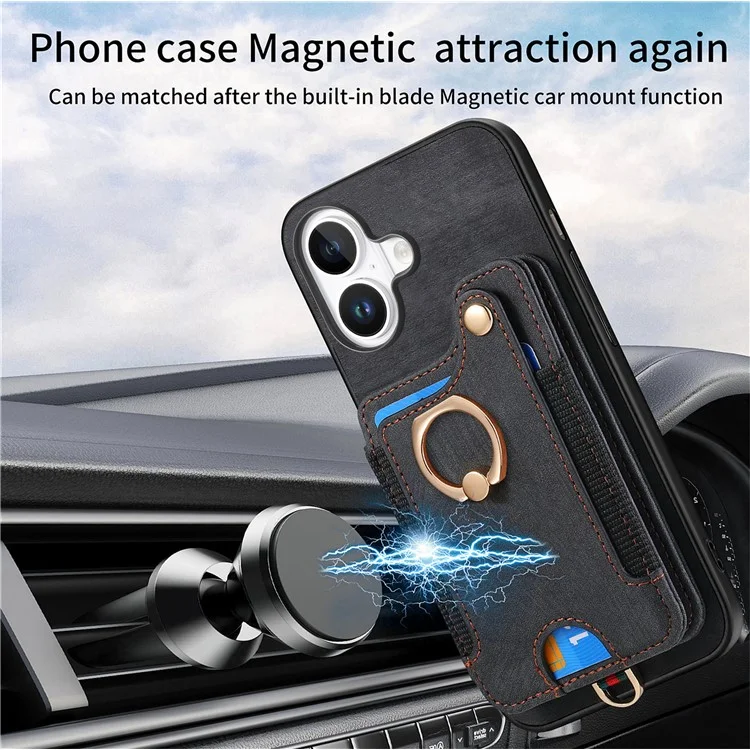Para Iphone 16 Plus Case RFID Bloque de Cuero de Bolso de Bolso+ranuras de la Tarjeta de Tapa Del Teléfono Tpu, Soporte de Anillo - Negro