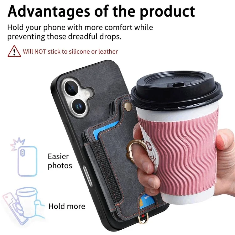 Para Iphone 16 Plus Case RFID Bloque de Cuero de Bolso de Bolso+ranuras de la Tarjeta de Tapa Del Teléfono Tpu, Soporte de Anillo - Negro