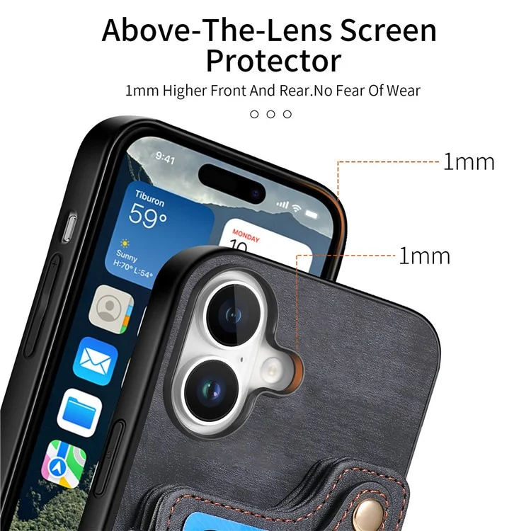 Para Iphone 16 Plus Case RFID Bloque de Cuero de Bolso de Bolso+ranuras de la Tarjeta de Tapa Del Teléfono Tpu, Soporte de Anillo - Negro