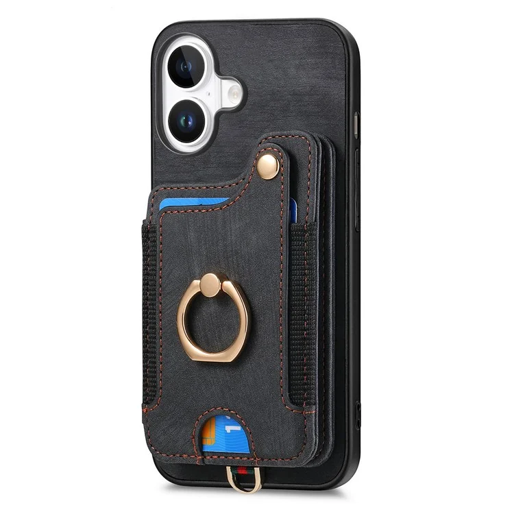 Para Iphone 16 Plus Case RFID Bloque de Cuero de Bolso de Bolso+ranuras de la Tarjeta de Tapa Del Teléfono Tpu, Soporte de Anillo - Negro