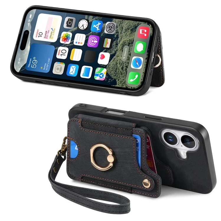 Para Iphone 16 Plus Case RFID Bloque de Cuero de Bolso de Bolso+ranuras de la Tarjeta de Tapa Del Teléfono Tpu, Soporte de Anillo - Negro
